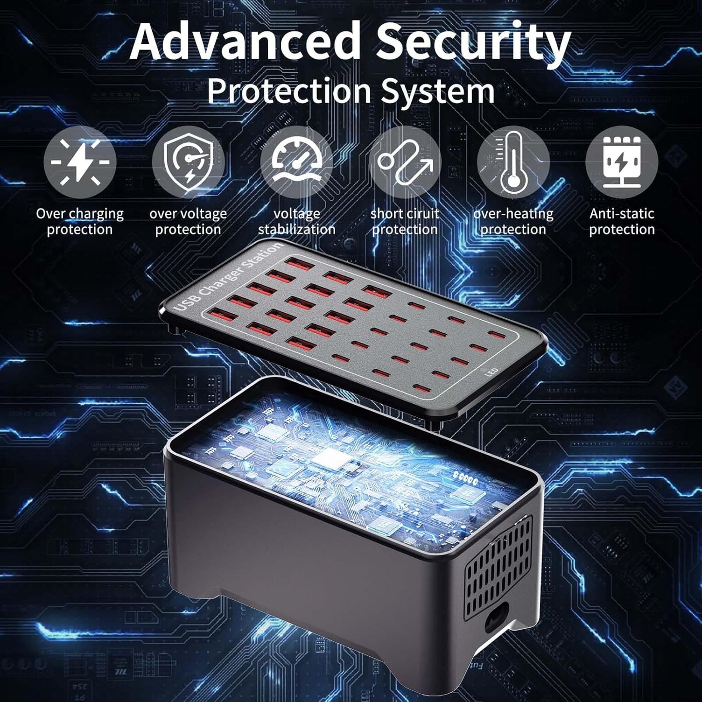 150W(30A) USB Charging Station, 30-Port USB C Charger Block, Multiple Desktop/Wall Fast Charger with Intelligent Protection Compatible with iPhone, iPad, Tablets, Smartphones