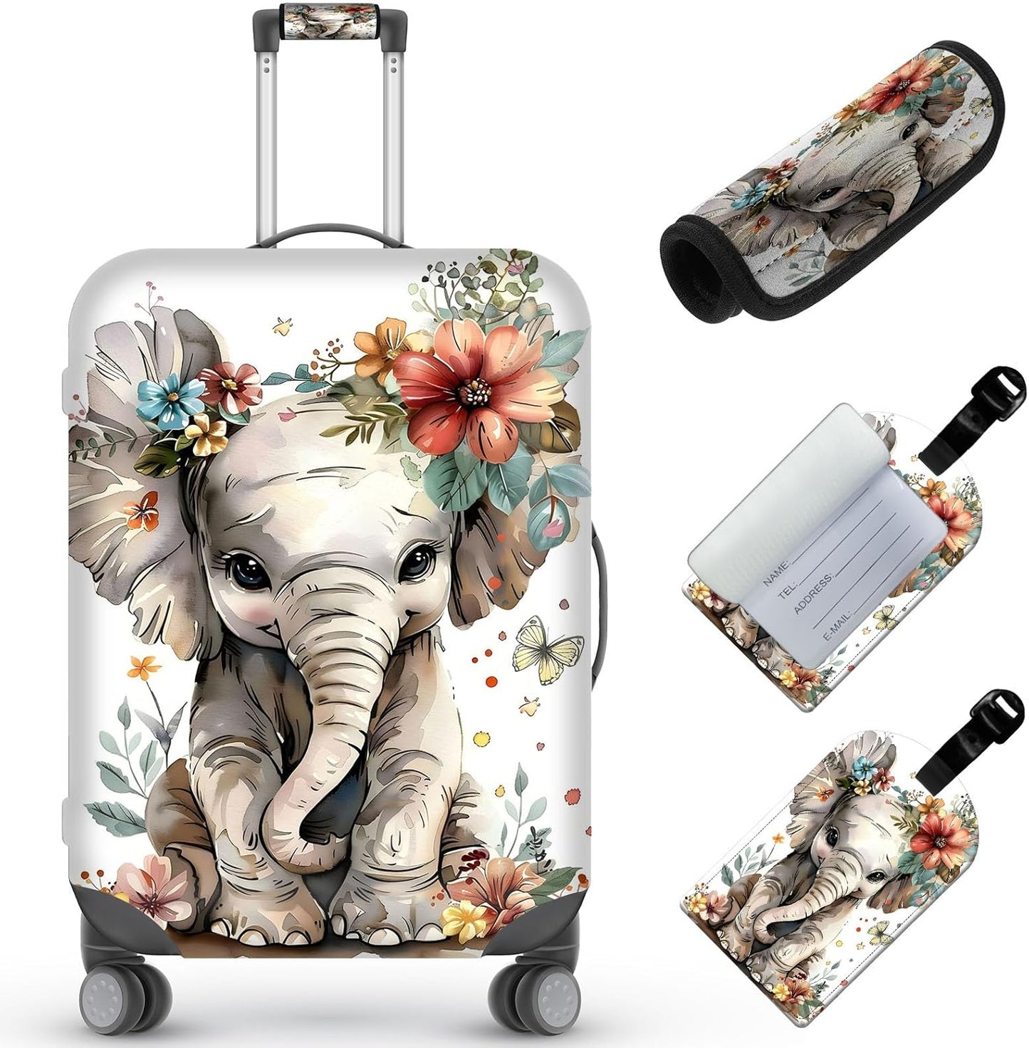 Travel Luggage Cover,Flowers ElephantTheme Suitcase Cover Accessory Kit, Luggage Tag, and Comfortable Luggage Handle Wrap, Washable Luggage Suitcase Protector (25-28 inch,L)