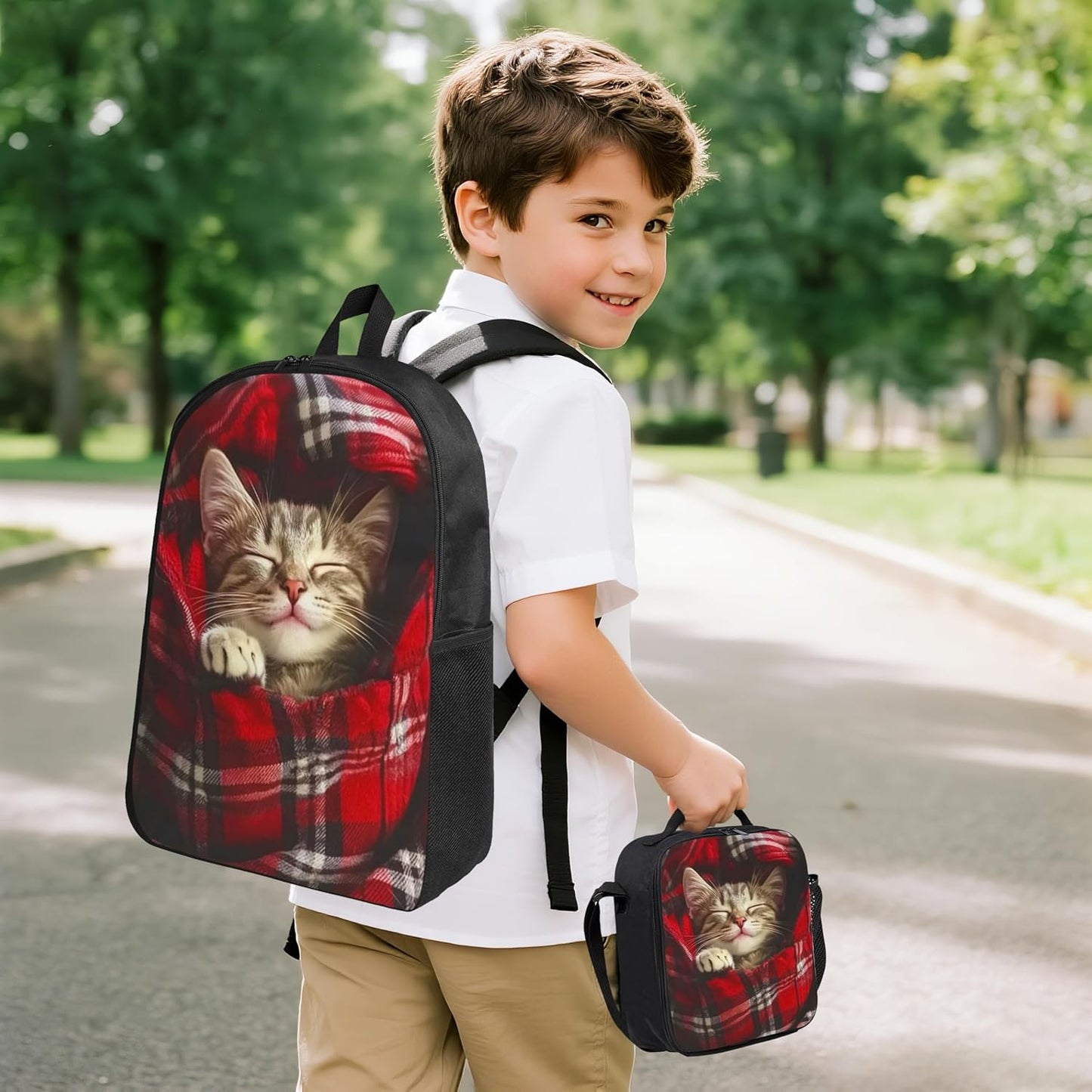 Cat Kid Backpack Set with Lunch Bag & Pencil Case Large Capacity School Bag 17 Inch Bookbag for Boy Girl