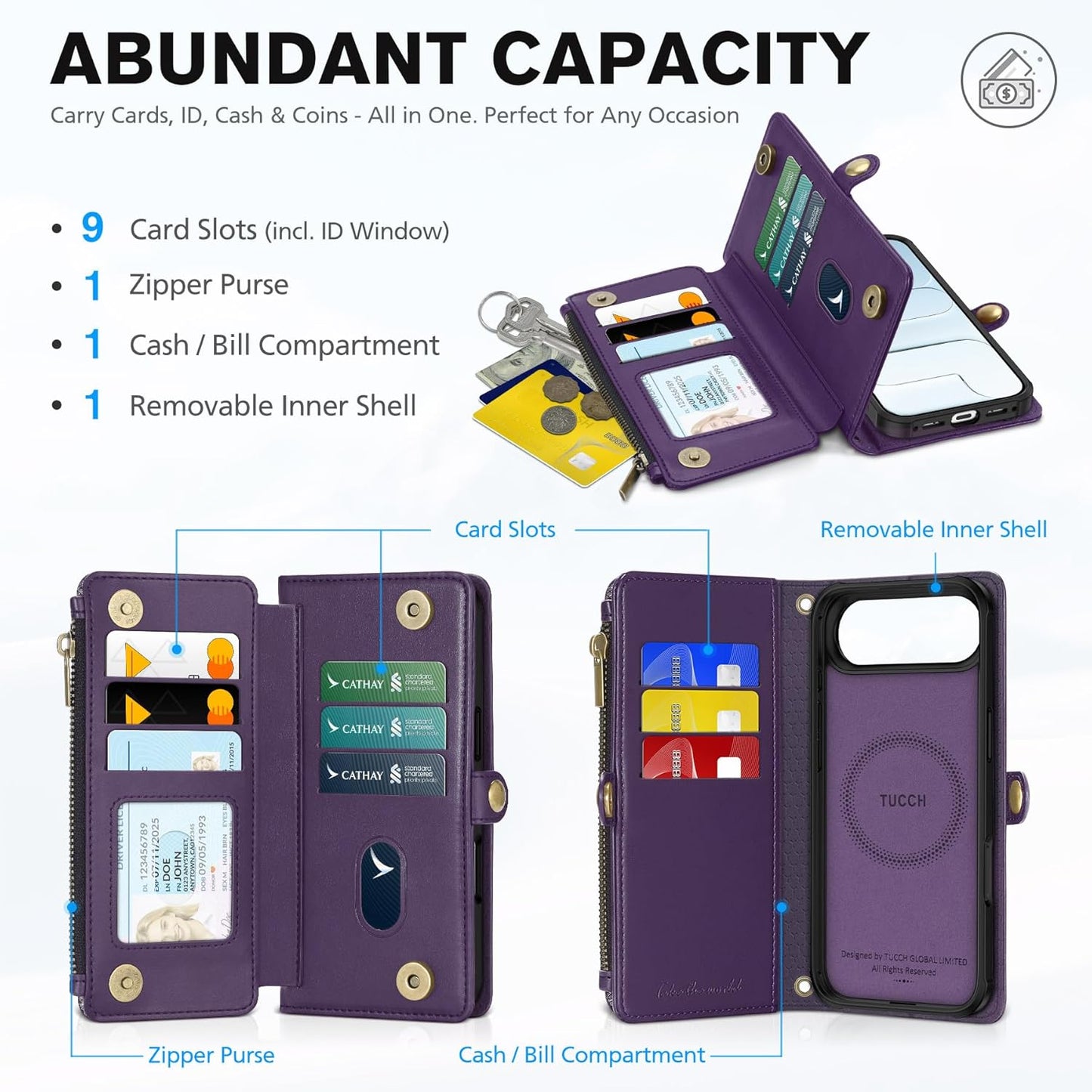 TUCCH Removable Crossbody Wallet Case for iPhone Air 6.5", RFID Blocking 9 Card Holders, Lanyard, Wrist Strap, Wireless Charging, Stand, Zipper Pocket, PU Leather, Magnetic Flip Cover, Deep Purple