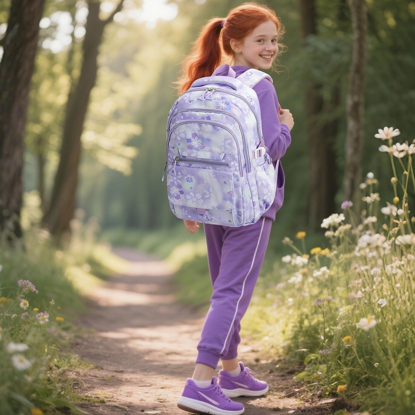 Kids Backpack for Girls Flower schoolbag with Lunch Bag & Pen Case Waterproof Girl Bookbag for Elementary school(purple)