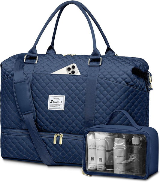 Weekender Bags for Women Duffle Bag - Travel Duffel Bag with Shoe Compartmen Carry on Overnight Bag with Toiletry Bag Gym Tote Bag with Wet Pocket Hospital Bags for Labor and Delivery Blue