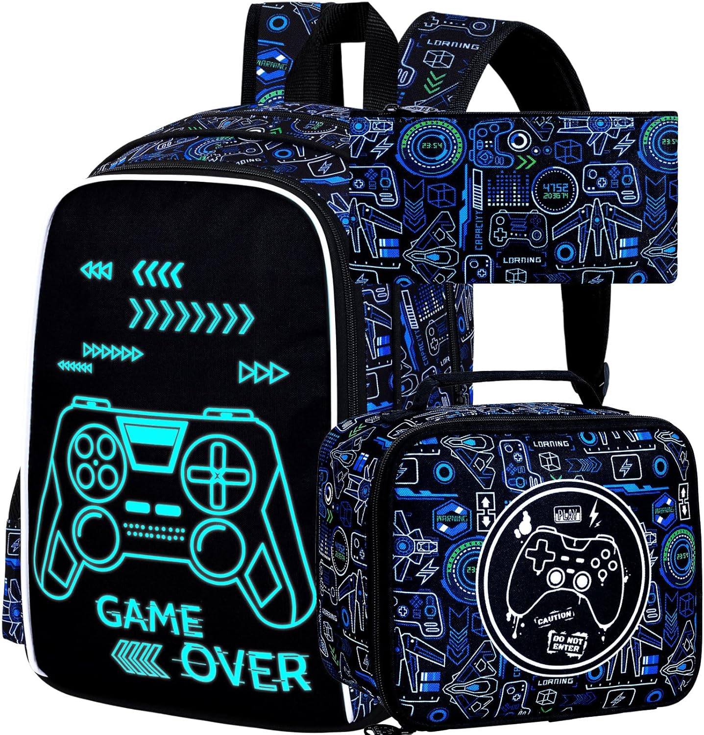 17 Inches Glow in The Dark Gamer Backpack for Boys, 3Pcs video Game School Bookbag Set for Teens, Laptop Backpacks with Lunch Bag(Blue)