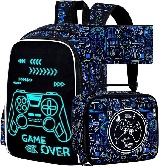 17 Inches Glow in The Dark Gamer Backpack for Boys, 3Pcs video Game School Bookbag Set for Teens, Laptop Backpacks with Lunch Bag(Blue)