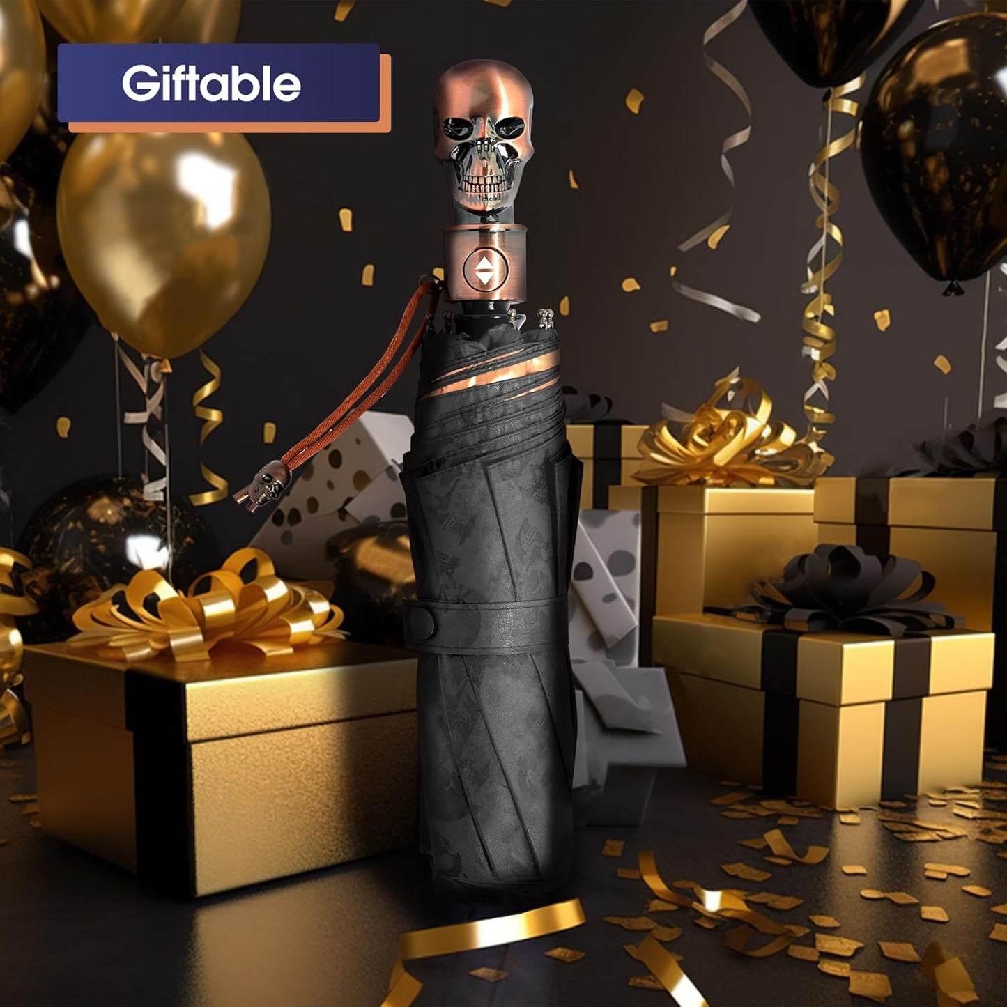 Gothic Skull Umbrella Compact Portable Automatic Folding with Golden Skull Handle Dark Blue with Gold UV Coating