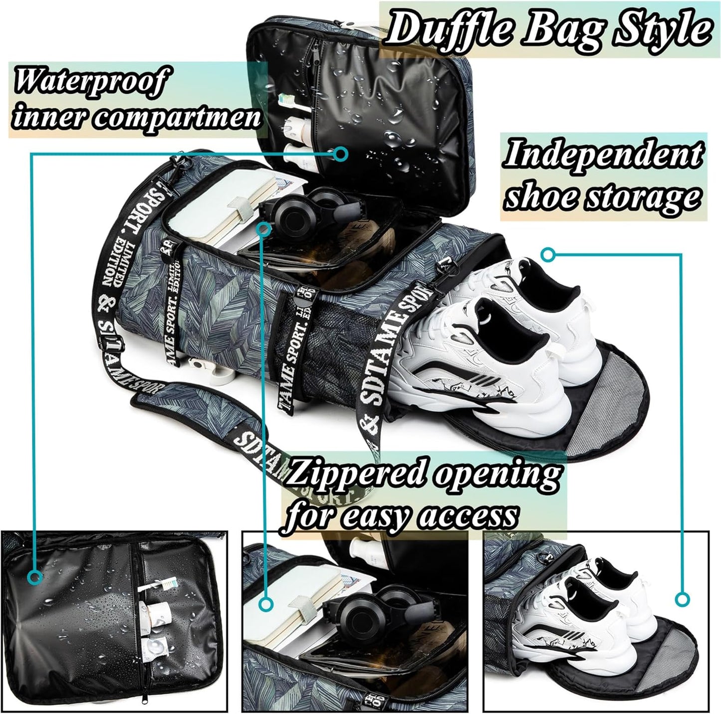 Gym Duffle Bag Backpack with Shoe Compartment,4 ways Travel Backpack for Women and Men,Multi-Functional Weekender bag with Waterproof Layer&Laptop Compartment for Fitness, Travel,Camping