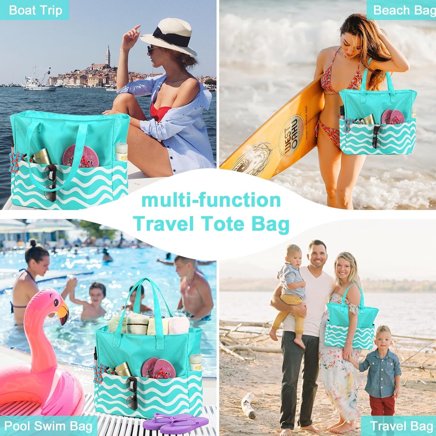 LEDAOU Beach Bag Waterproof Sandproof Women Tote Bag Pool Bag with Zipper for Gym Grocery Travel with Wet Pocket