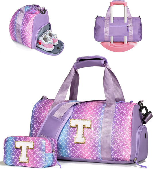 Gifts for 8 Year Old Girls-Girl Gym Bag with Shoe Compartment, Kid Personalized Weekender Overnight Bags, Initial Travel Tote with Makeup Pouch, Gift for 3 4 5 6 7 Year Old Kids (Letter T)