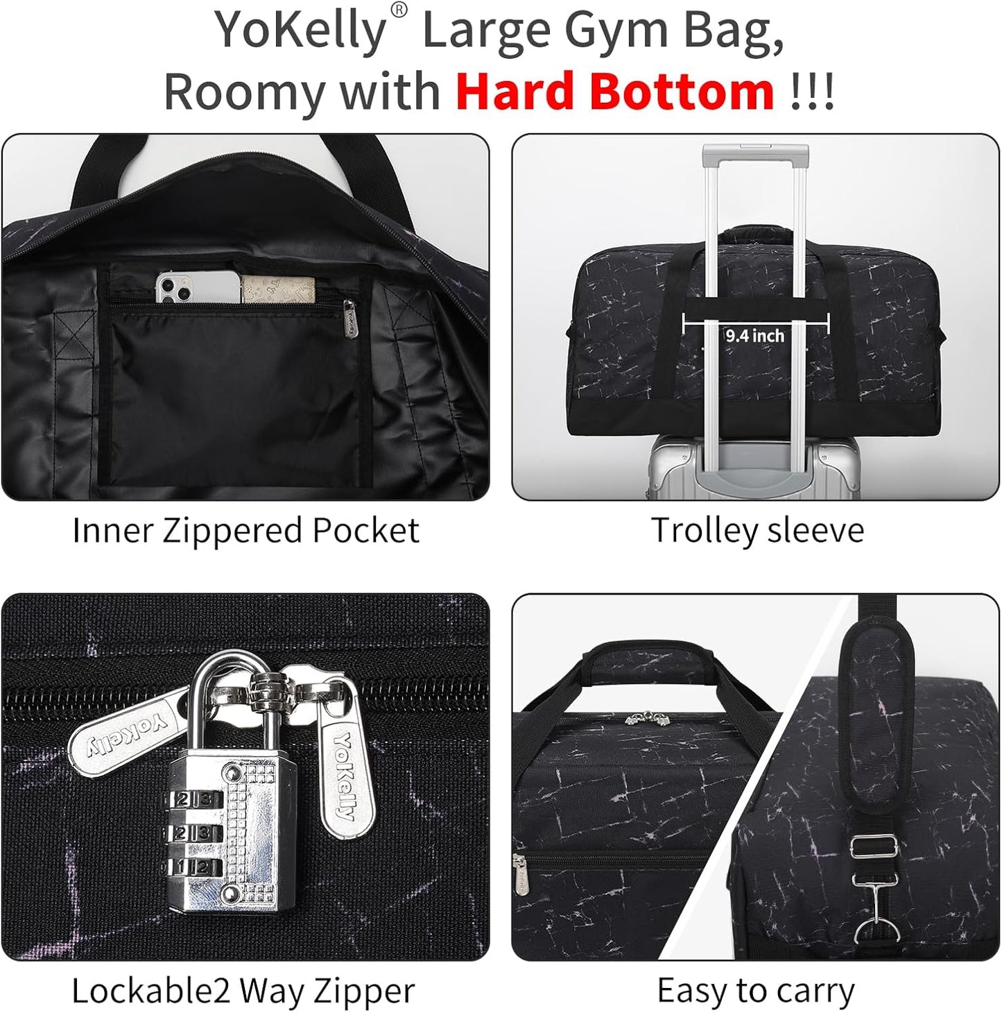 55L Mens Duffle Bag for Travel - 25 inch Sports Duffel Bag with Hard Bottom - Marble Black