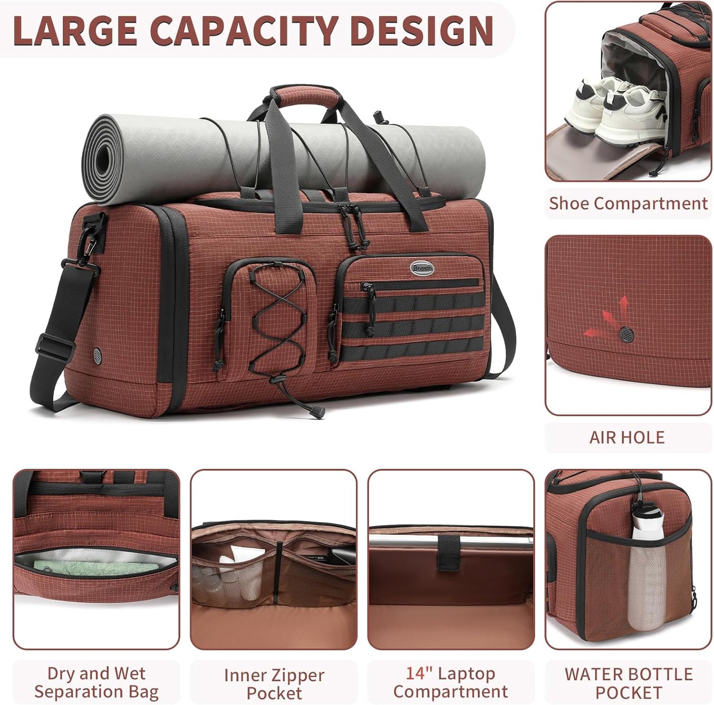 Bosstin Gym Bag for Men & Women,45L Travel Duffle Sports Duffel Bag Gym Weekender Overnight Backpack with Shoe Compartment (COFFEE CHECKERED)