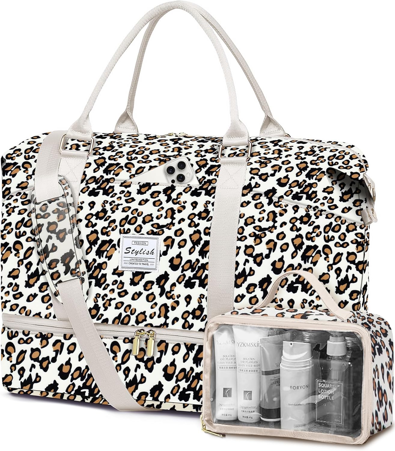 Travel Overnight Bag Weekender Bags: Large Duffle Bag Women with Shoe Compartment Carry on Overnight Bags with Toiletry Bag Gym Duffel Bag with Wet Pocket Hospital Bags for Labor and Delivery Leopard