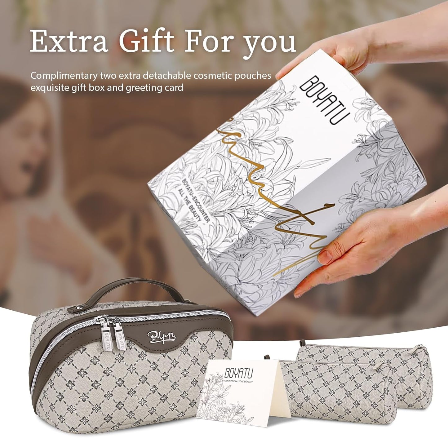 BOYATU Travel Makeup Bag Cosmetic Bags for Women: 3 Pcs Set Large Portable Make up Bag with Handle - Vegan Leather Toiletry Bags with Compartments - Makeup Organizer for Travel Essentials(A-3-Khaki)