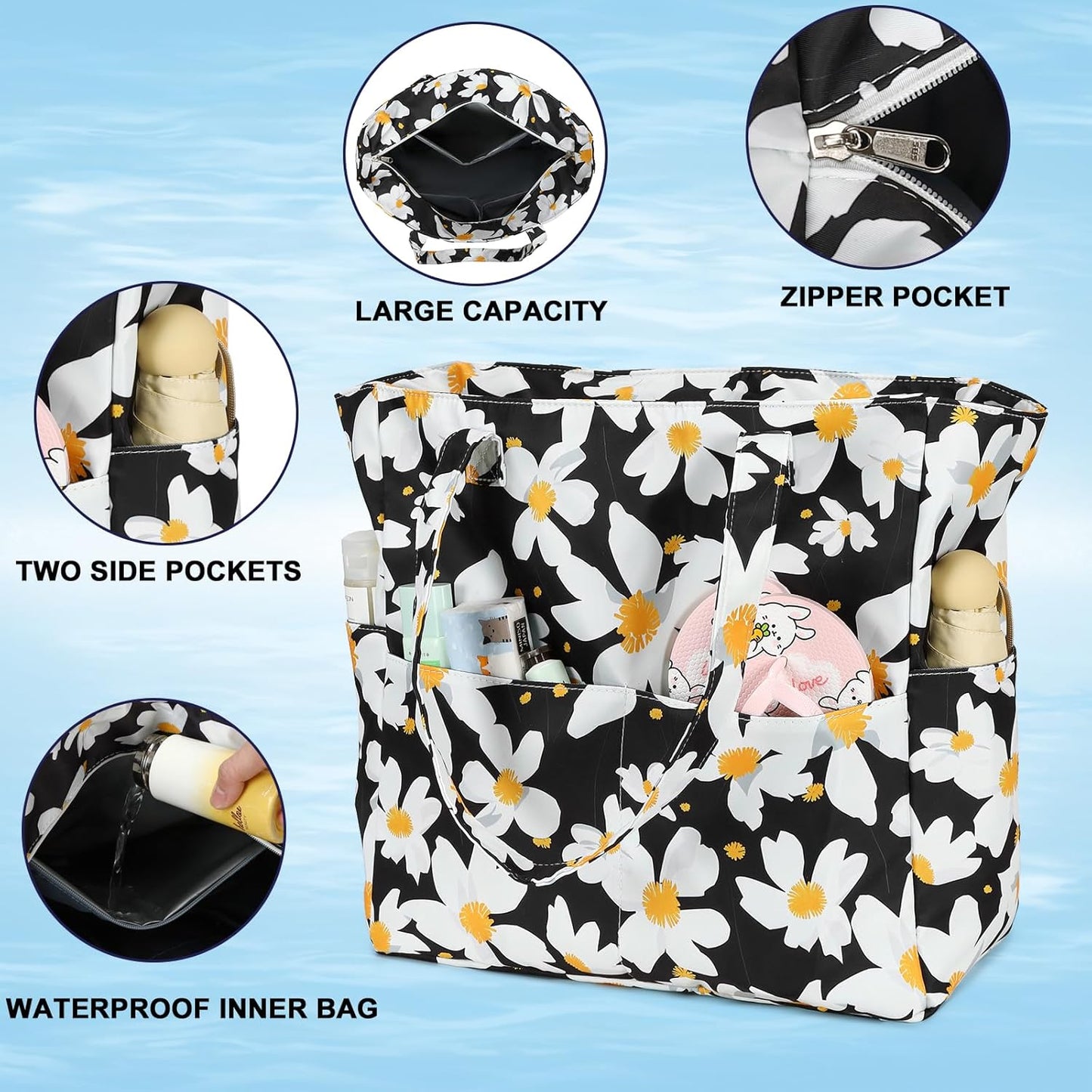 LEDAOU Beach Bag Waterproof Sandproof Women Tote Bag Pool Bag with Zipper for Gym Grocery Travel with Wet Pocket