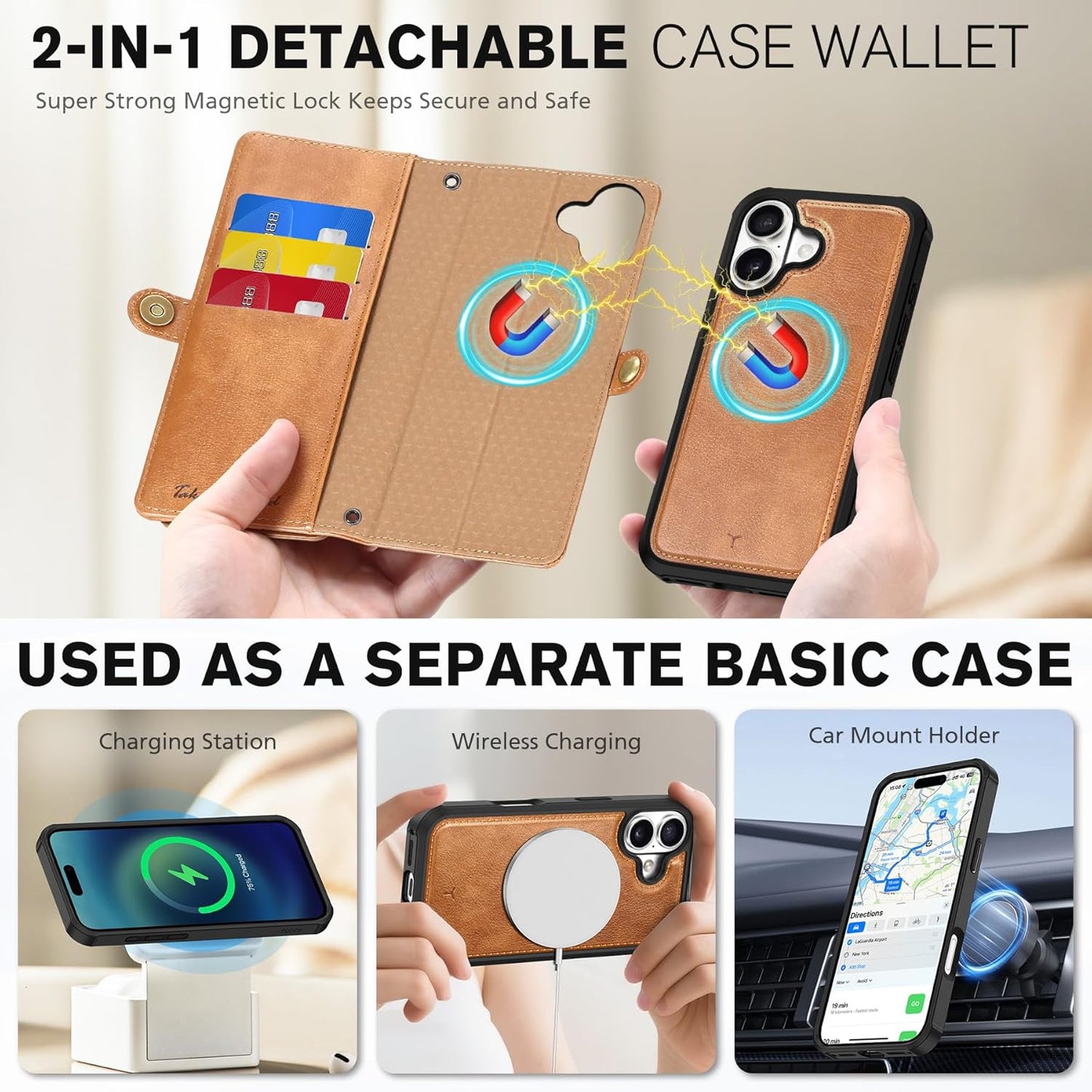 TUCCH Removable Crossbody Case Wallet for iPhone 17 (6.3-inch) 2025, Wireless Charging, RFID Blocking 9 Card Slots, Lanyard, Wrist Strap, Zipper Pocket, PU Leather, Stand Magnetic Cover, Light Brown