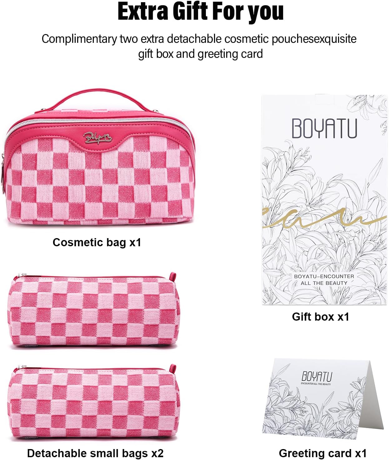 BOYATU Travel Makeup Bag for Women: Large Cosmetic Bag Set of 3 - PU Leather Make up Bag with Compartments - Compact Waterproof Toiletry Bag with Divider & Handle (D-4-Red)