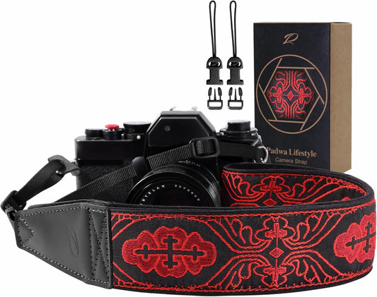Padwa Lifestyle Camera Strap - 2" Full Grain Leather Ends Camera Straps for Photographers, Vintage Red Embroidered Cotton Weave Soft Suede Fabric Padded Strap Quick Release fits All Cameras