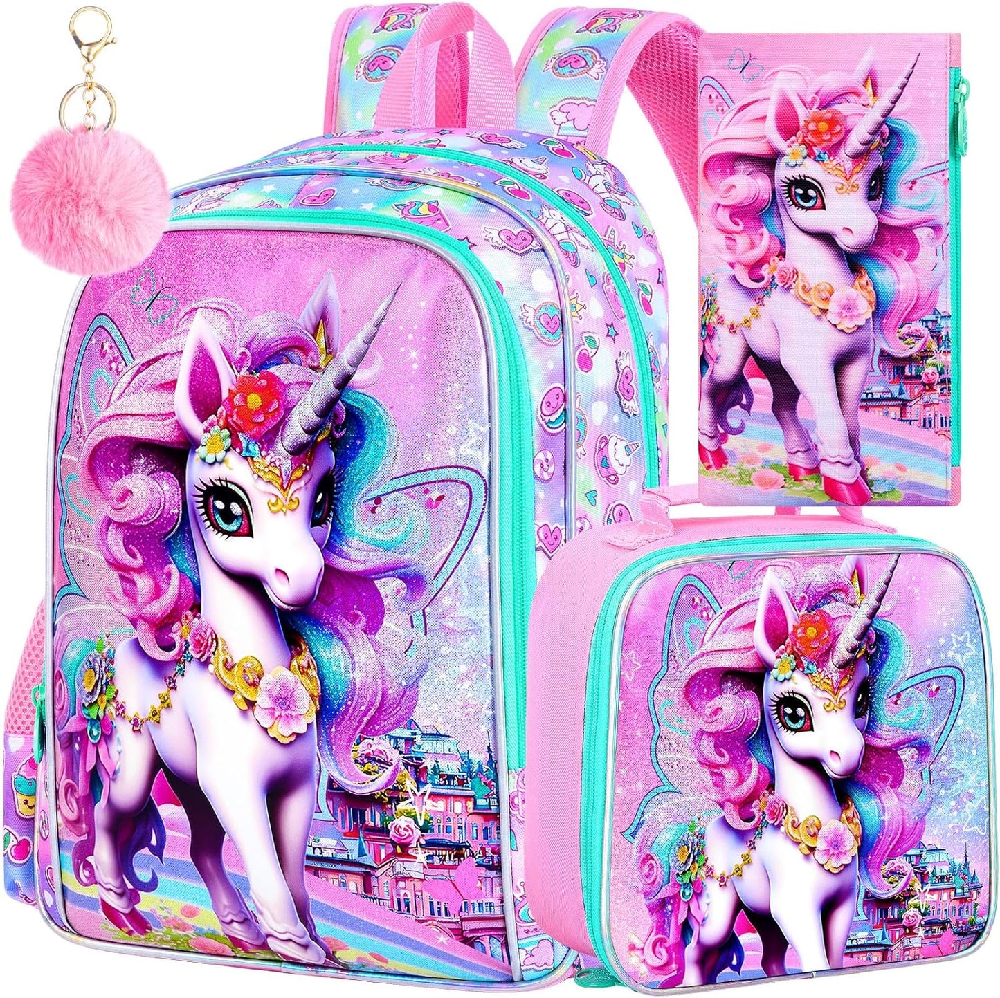 16" Unicorn Backpack, 3Pcs School Bookbag for Girls with Lunch Box, Kids Backpacks for Elementary Preschool Kindergarten(Pink)