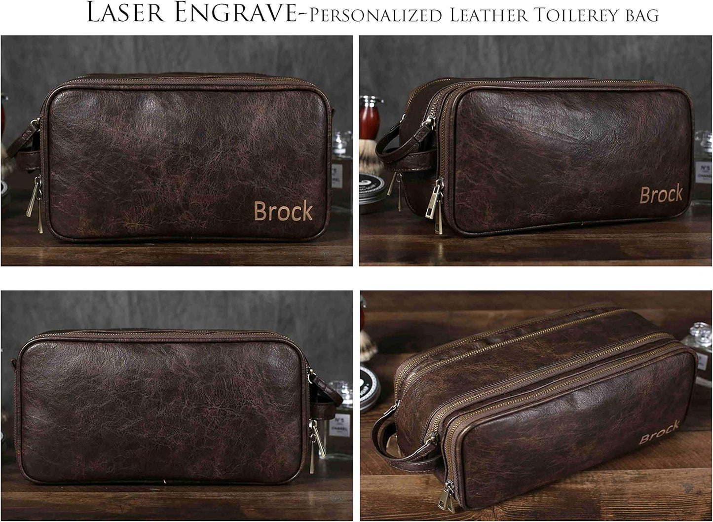 Leather Toiletry Bag for Men Personalized Dopp Kit for Travel Waterproof Shaving Bag Coffee