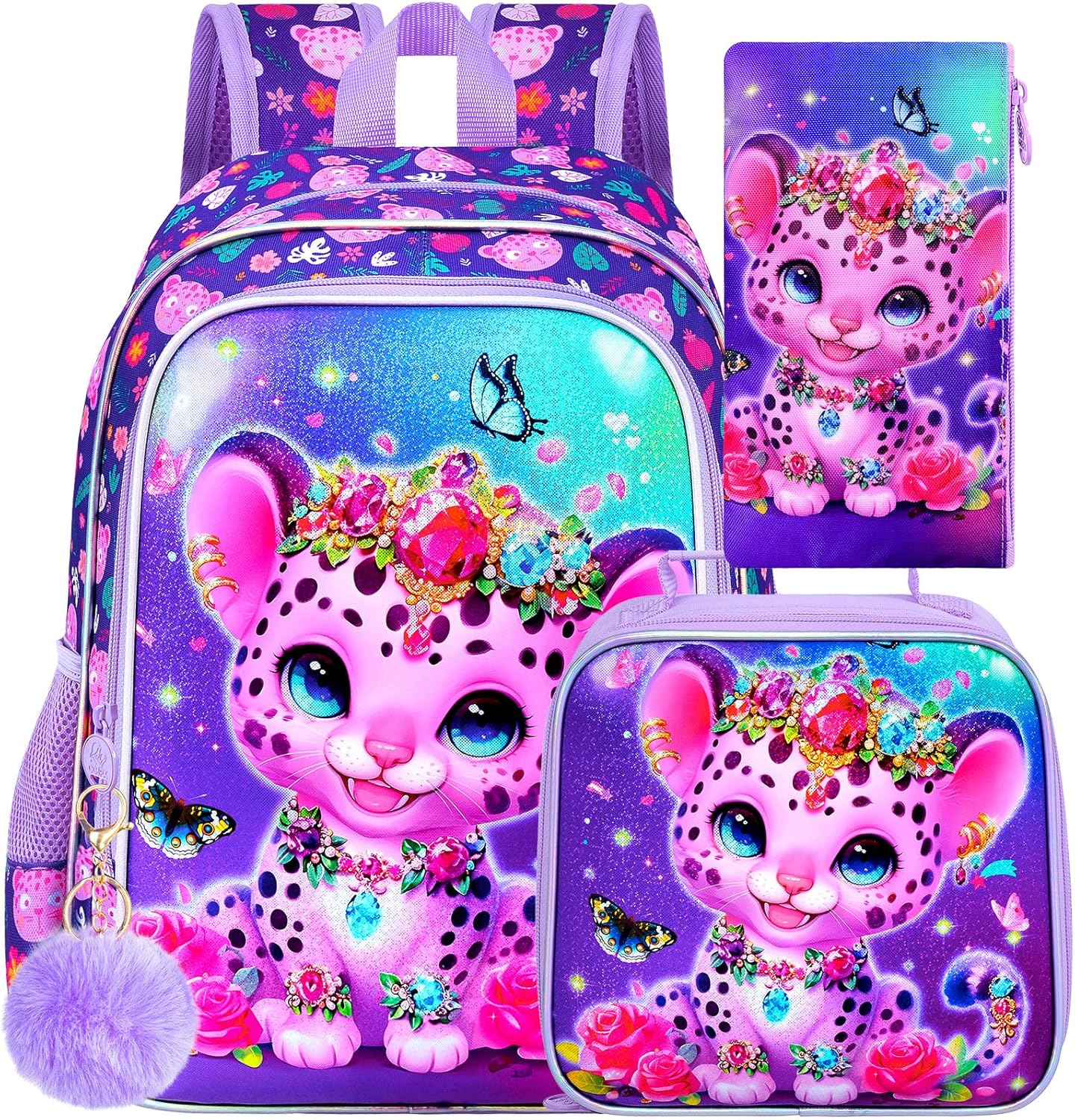16" Leopard Backpack for Girls, 3Pcs Kids Bookbag for Elementary Preschool Kindergarten, School Backpacks with Lunch Box(Purple)