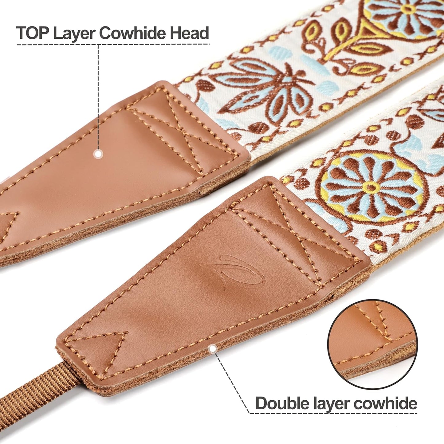 Padwa Lifestyle Camera Strap - 2" Full Grain Leather Ends Camera Straps for Photographers, Vintage Embroidered Cotton Weave Soft Suede Fabric Padded Strap Quick Release fits All Cameras