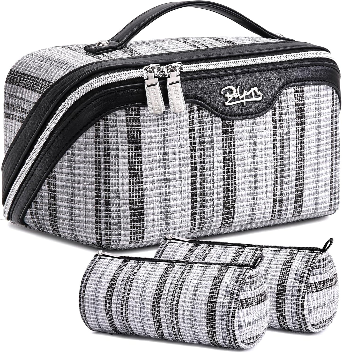 BOYATU Travel Makeup Bag for Women: Large Capacity Open Flat Make up Bag Set of 3 - Vegan Leather Cosmetic Bag with Compartments - Waterproof Toiletry Bag with Handle & Divider(I-2-Black)