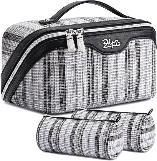 BOYATU Travel Makeup Bag for Women: Large Capacity Open Flat Make up Bag Set of 3 - Vegan Leather Cosmetic Bag with Compartments - Waterproof Toiletry Bag with Handle & Divider(I-2-Black)