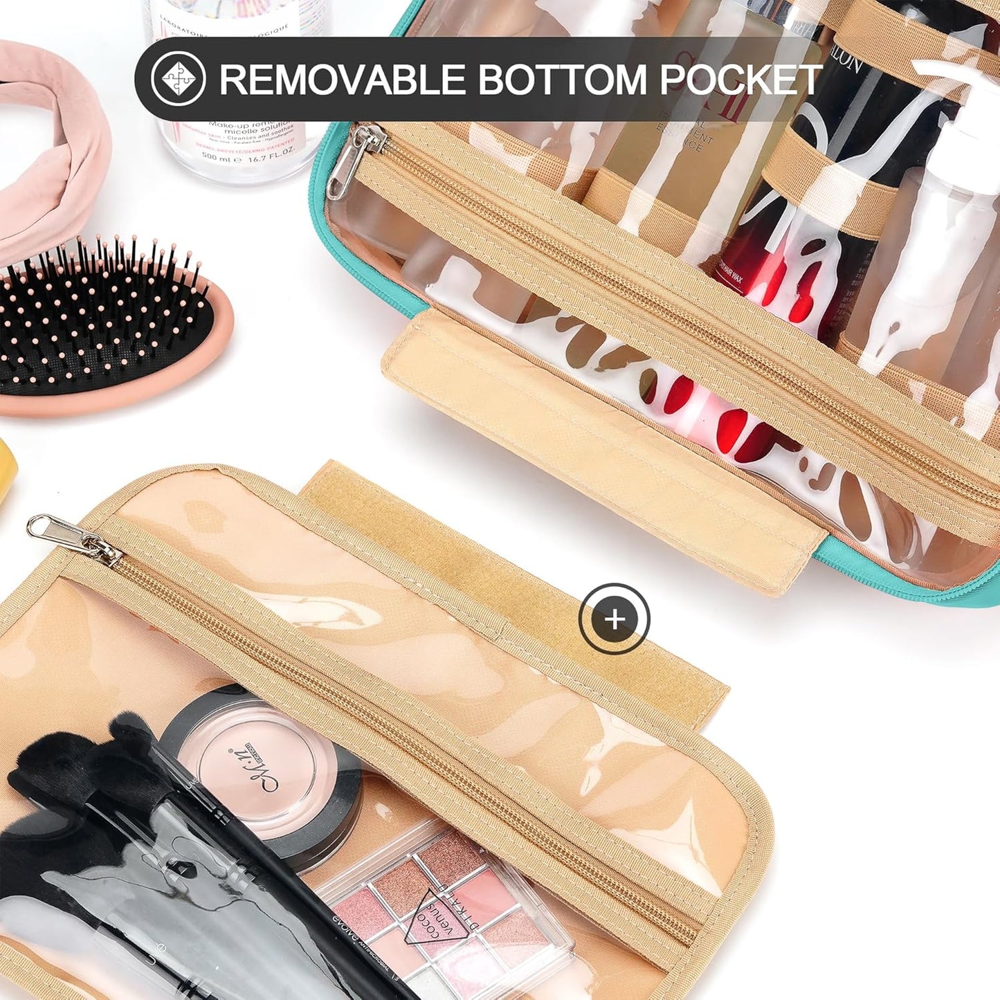 Travel Hanging Toiletry Bag for Women, Large Makeup Bag 8 Leak Proofing Silicone Bottle Covers, Waterproof Cosmetic Bag with Jewelry Organizer Compartment, Toiletries Kit Set, Blue