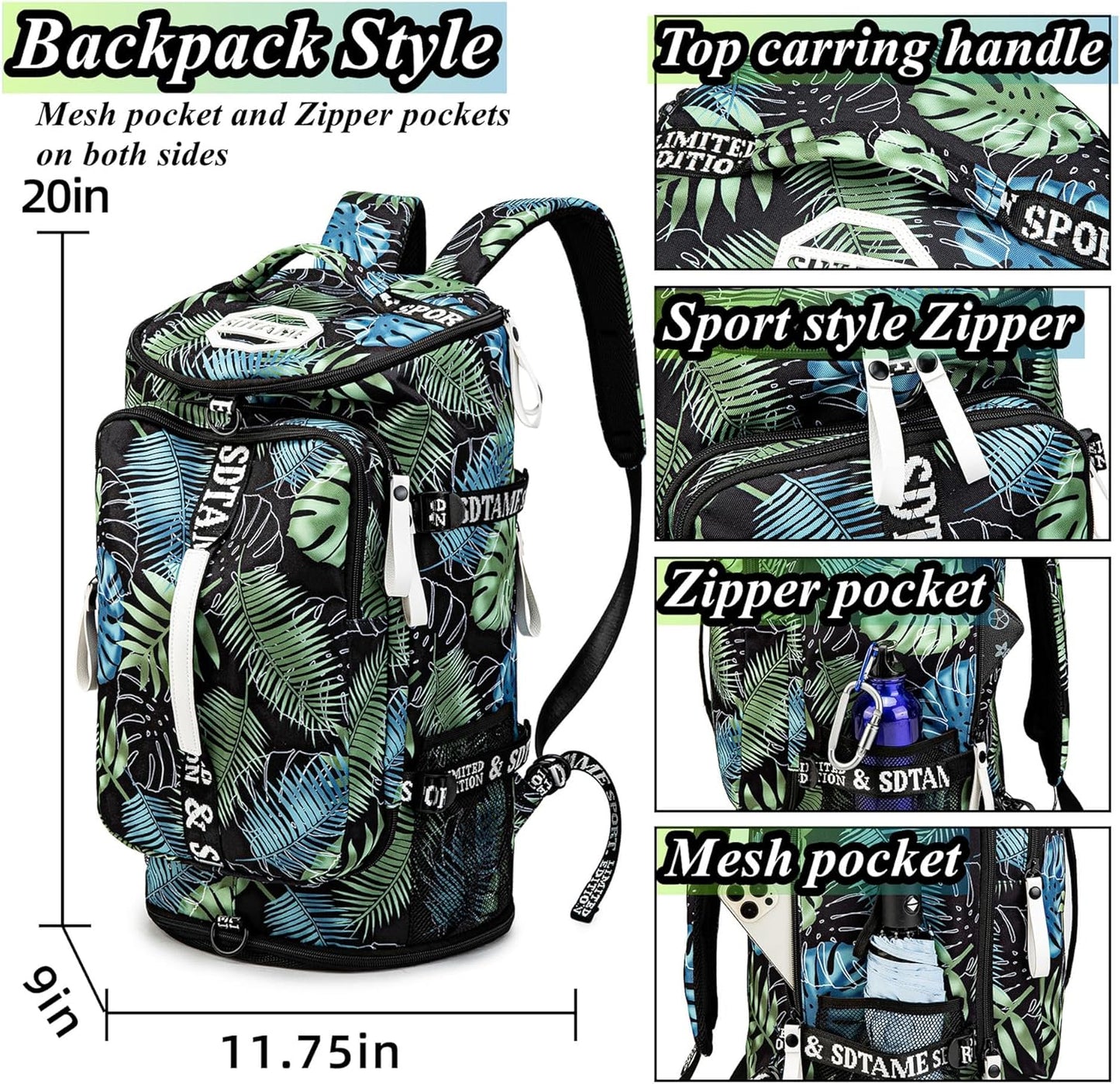 Gym Duffle Bag Backpack with Shoe Compartment,4 ways Travel Backpack for Women and Men,Multi-Functional Weekender bag with Waterproof Layer&Laptop Compartment for Fitness, Travel,Camping