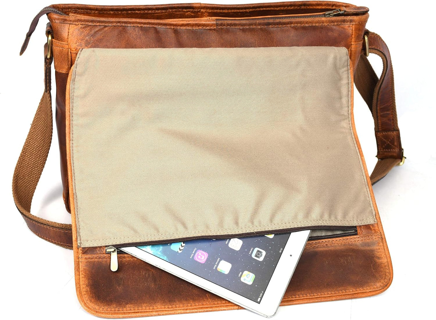 16" Crossbody Bag Leather Laptop Messenger Bag For Men with trolley sleeve for school office (Caramel)