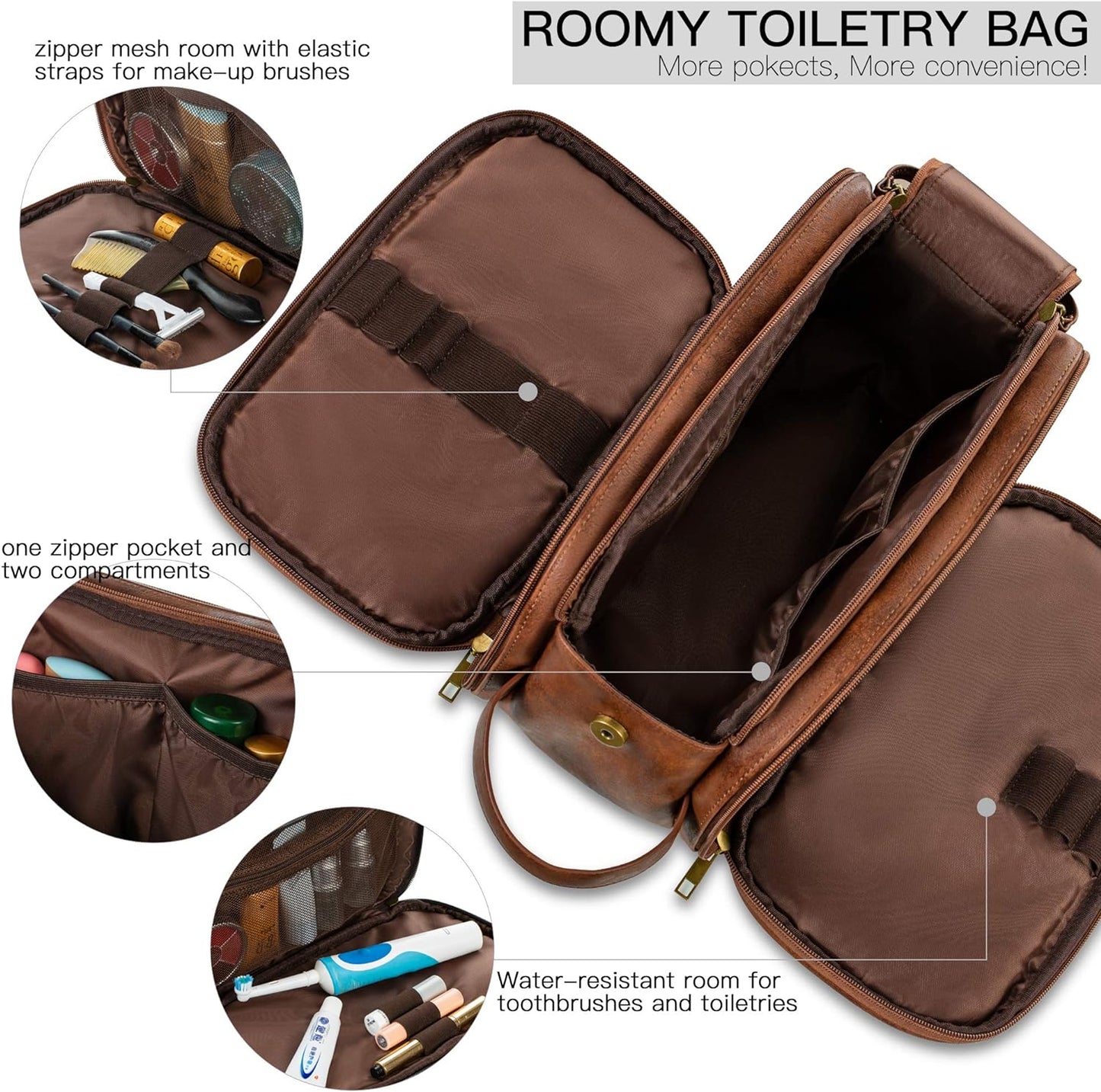 Elviros Travel Toiletry Bag for Men, Shaving Dopp Kit Water-resistant Bathroom Small Toiletries Organizer PU Leather Cosmetic Bags