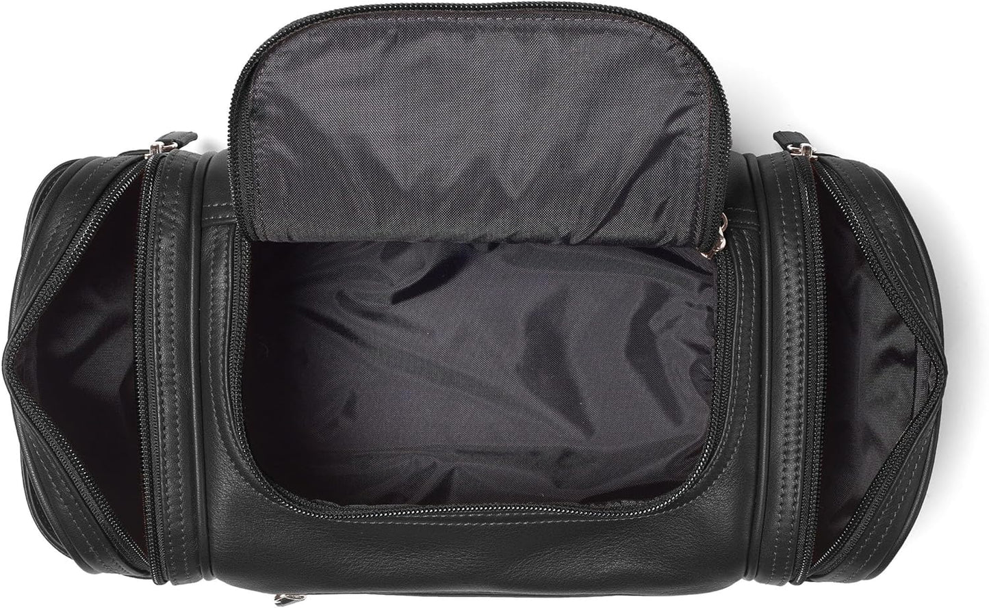 Leatherology Black Onyx Multi Pocket Toiletry Bag - Main top zippered compartment with additional side and front zippered pockets