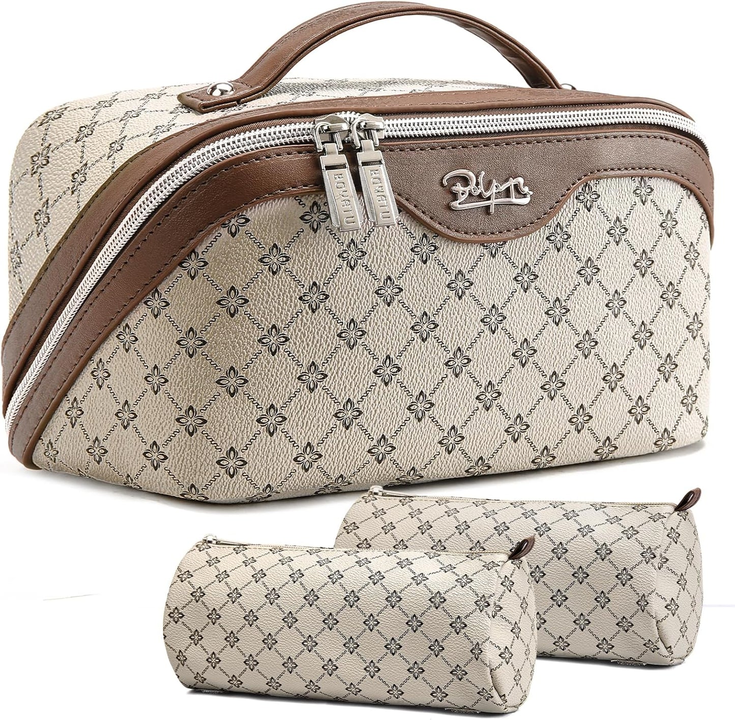 BOYATU Travel Makeup Bag Cosmetic Bags for Women: 3 Pcs Set Large Portable Make up Bag with Handle - Vegan Leather Toiletry Bags with Compartments - Makeup Organizer for Travel Essentials(A-3-Khaki)