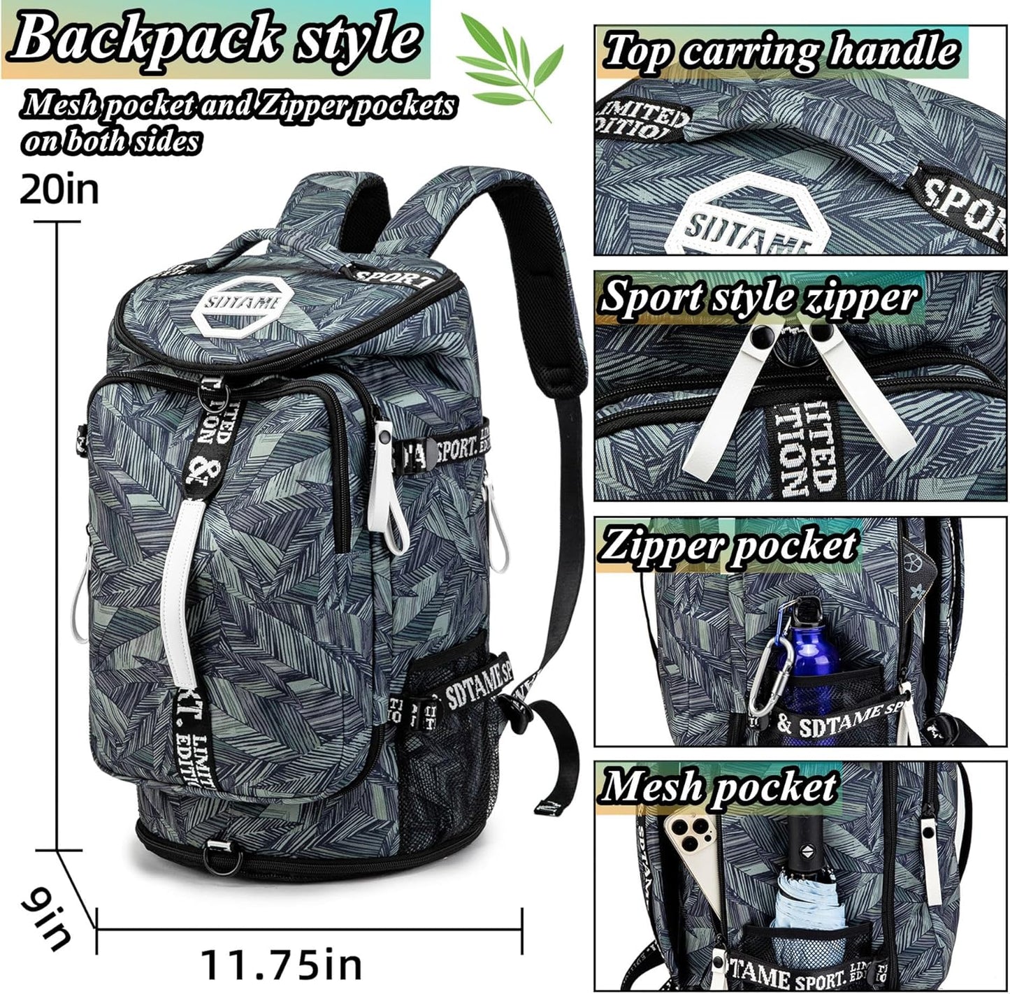 Gym Duffle Bag Backpack with Shoe Compartment,4 ways Travel Backpack for Women and Men,Multi-Functional Weekender bag with Waterproof Layer&Laptop Compartment for Fitness, Travel,Camping