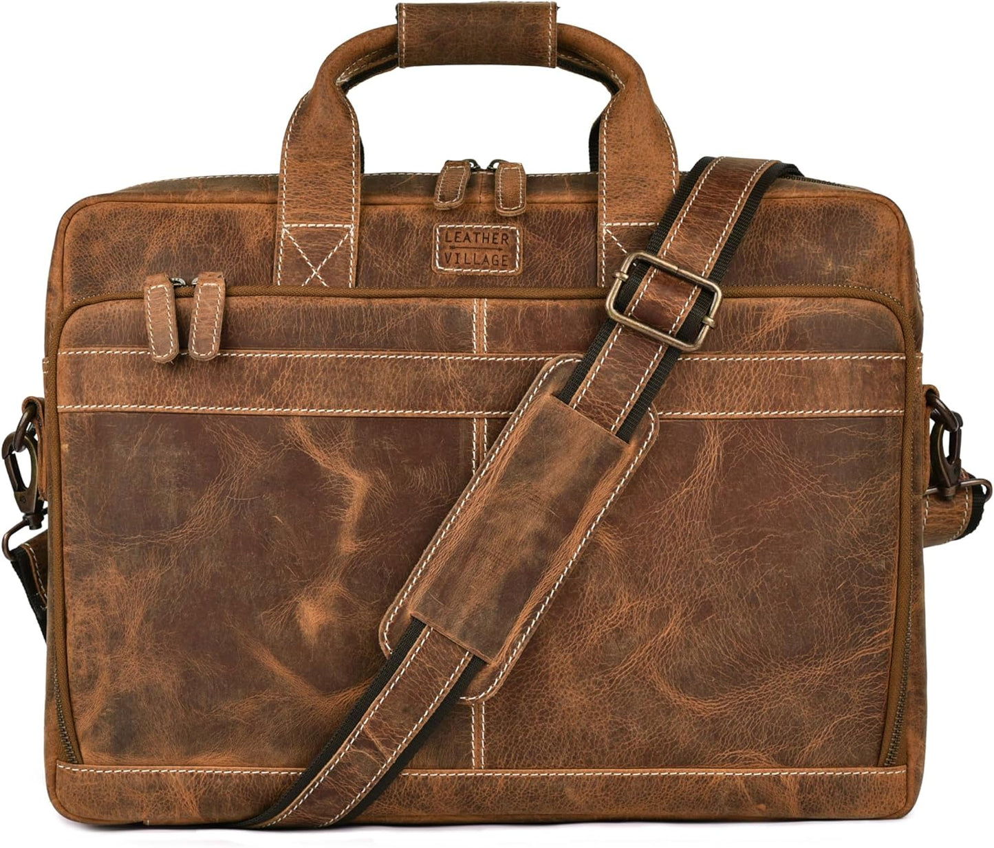 LEATHER VILLAGE 18" Leather Laptop Messenger Briefcase Bag for Men-Leather Satchel for Travel and Office Shoulder Bag- Sun Tan Brown