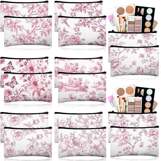 16 Pcs Floral Cosmetic Bags Bulk for Women Pink and White Floral Makeup Bags Chinoiserie Canvas Travel Zipper Pouches Aesthetic Toiletry Bag for Girls Bridesmaids Wedding Supplies