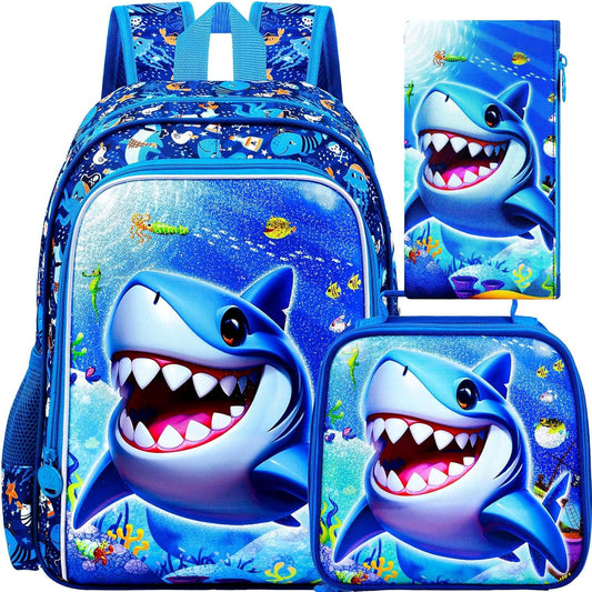 16" Shark Backpack for Boy, 3Pcs School Backpacks with Lunch Box, Kids Bookbag for Elementary Preschool Kindergarten(Blue)