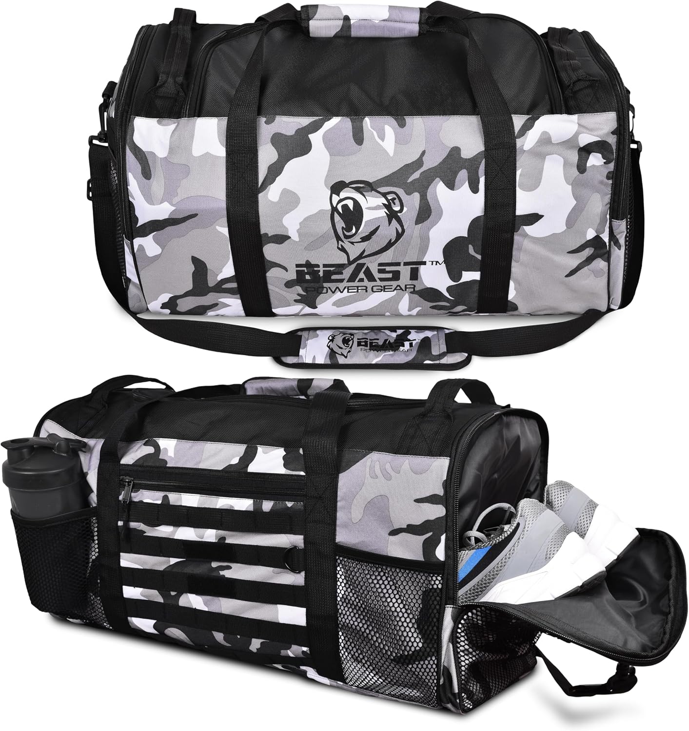 Unisex Duffel Bag Gray Camo, Extra Roomy Waterproof Gym Bag For Women with Shoe Compartment, Sports Bag with Zippered Pockets, Adjustable Strap