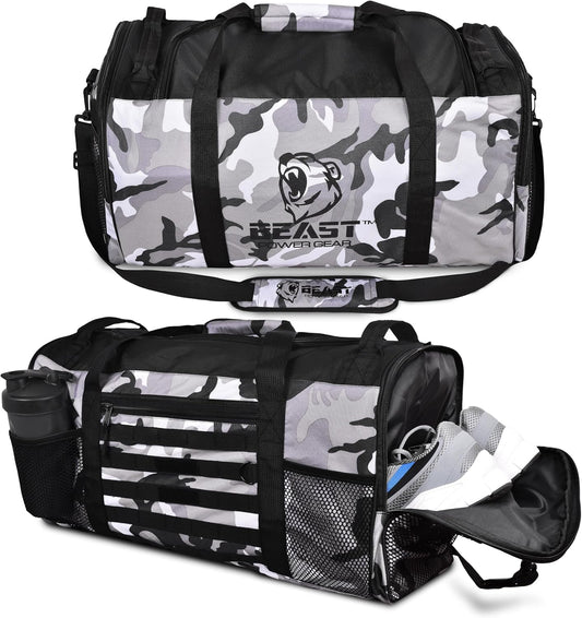 Unisex Duffel Bag Gray Camo, Extra Roomy Waterproof Gym Bag For Women with Shoe Compartment, Sports Bag with Zippered Pockets, Adjustable Strap