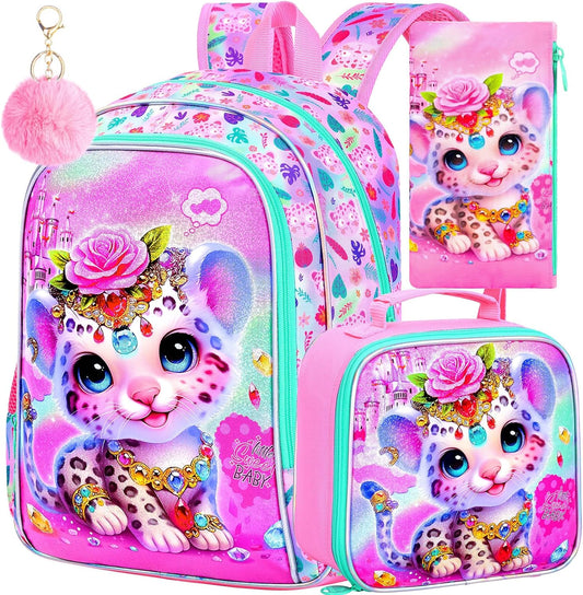 16" Backpack for Girls, 3Pcs Kids Bookbag with Lunch Box，Leopard School Backpacks for Elementary Preschool Kindergarten (Pink)