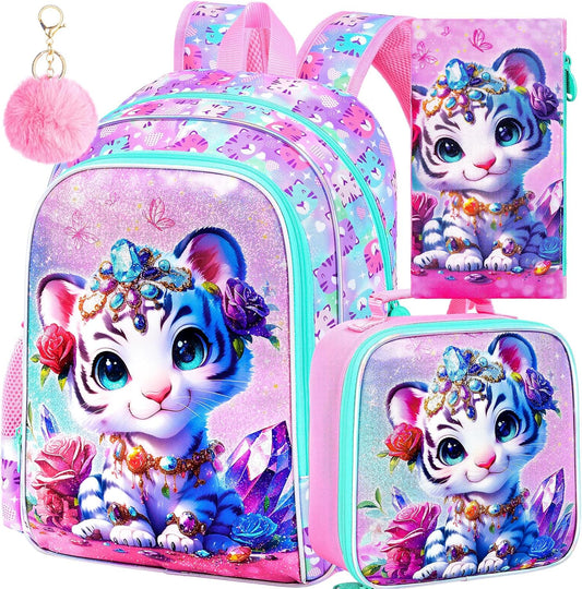16" Girls Backpack, 16" Kids Bookbag with Lunch Box，Tiger School Backpacks for Elementary Preschool Kindergarten (Pink)