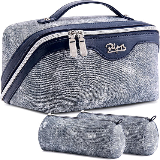 BOYATU Travel Makeup Bag Cosmetic Bags for Women: 3 Sets Large Capacity Make up Bag - Portable Toiletry Bags with Handle for Women(F-4-Dark Blue)