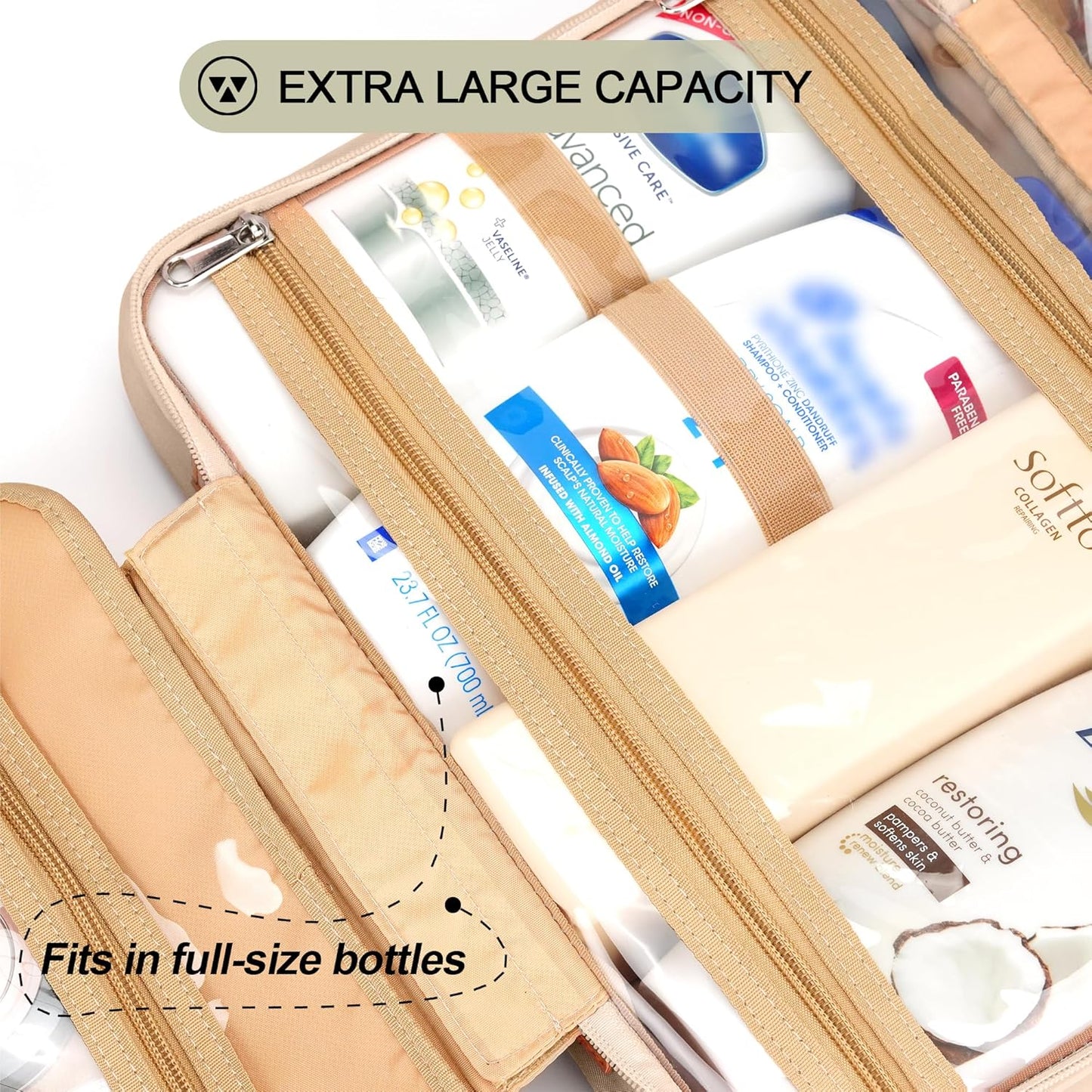 Travel Hanging Toiletry Bag for Women, Cruise Ship Essentials, with Jewelry Organizer, Extra Large Makeup Dopp Kit, Waterproof Cosmetic Bags, Toiletries Kit Set with Trolley Belt, Khaki