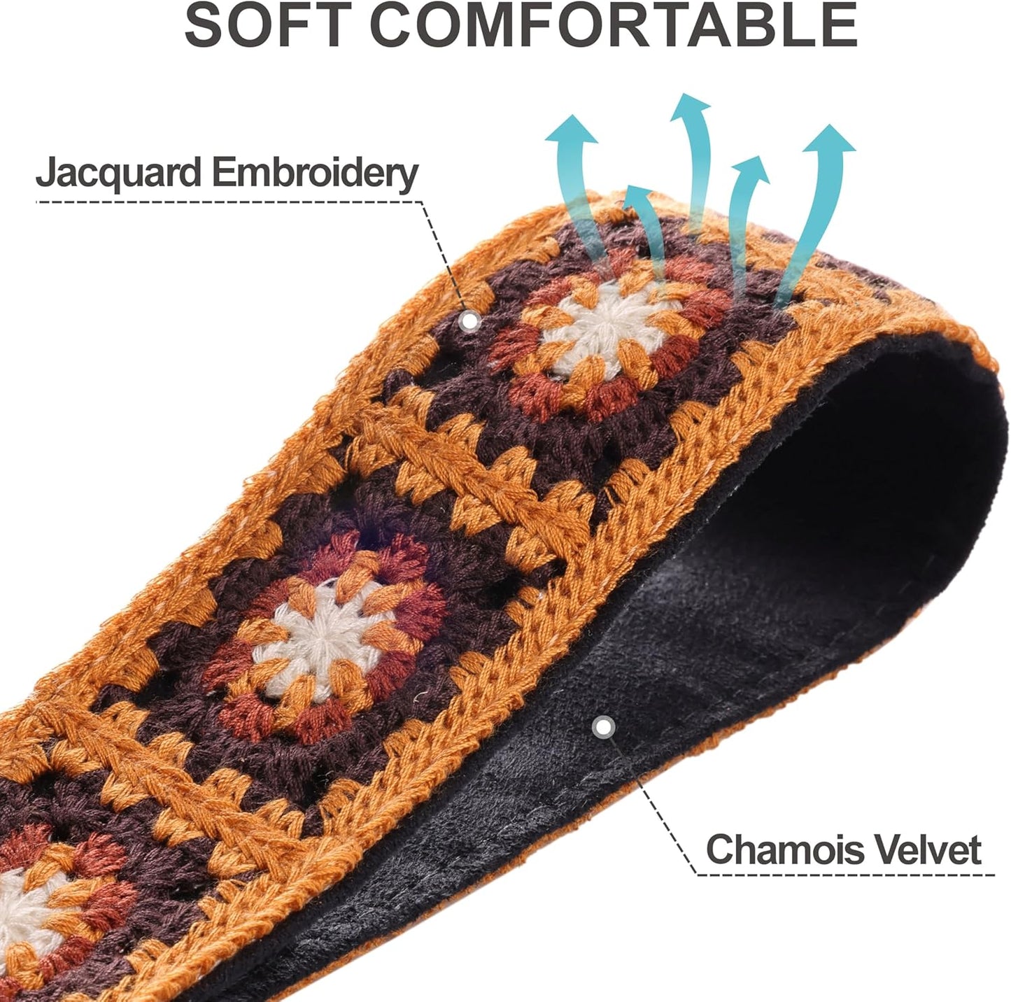 Padwa Lifestyle Yellow Crochet Camera Strap - 2" Full Grain Leather Ends Camera Straps for Photographers, Vintage Embroidered Cotton Soft Suede Fabric Padded Strap with Quick Release fits All Cameras