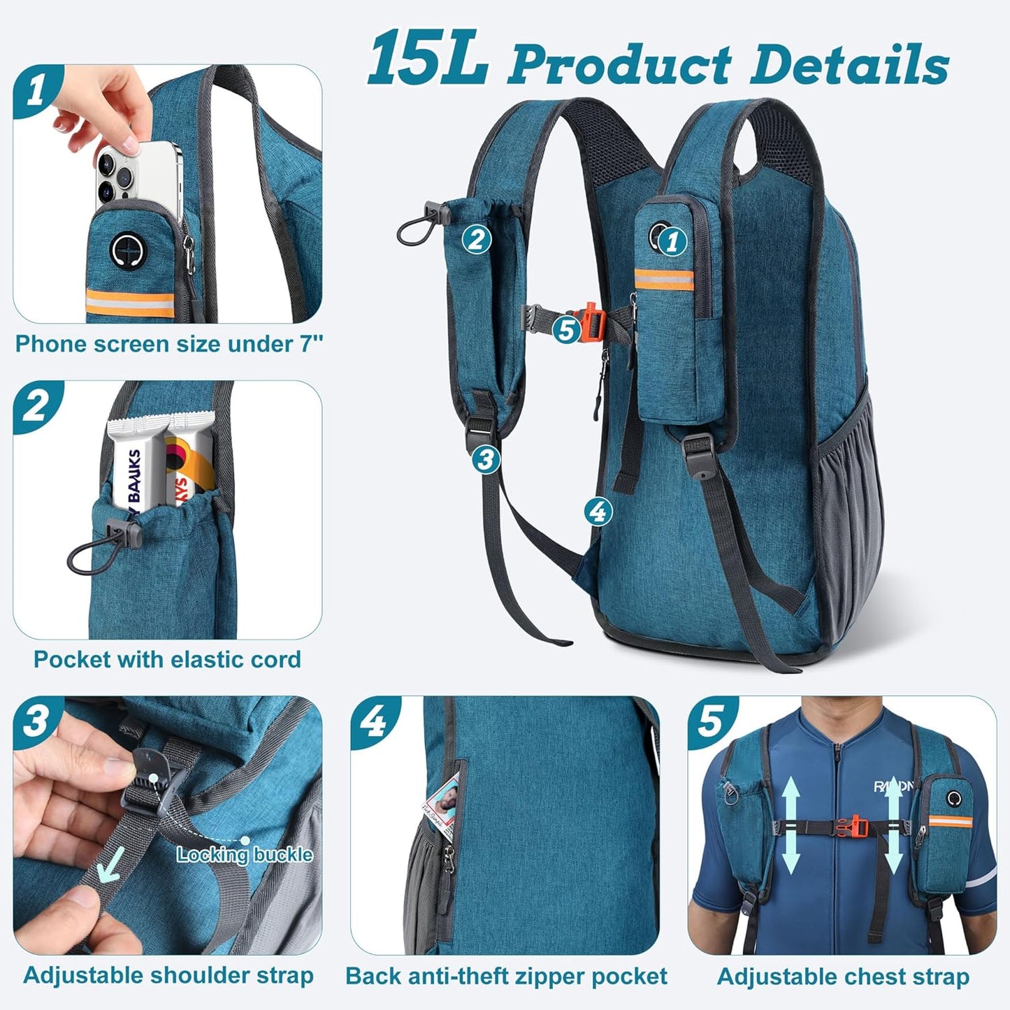 15L Small Hiking Backpack for Men Women Foldable Packable Back Pack Ultralight Hiking Daypack for Travel Camping Outdoor, Turquoise
