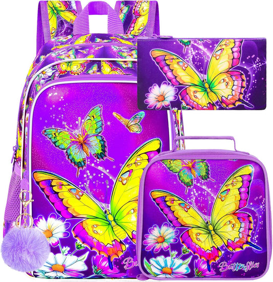 16" Butterfly Backpack for Girls, 3Pcs Kids School Backpacks with Lunch Box, Bookbag for Elementary Preschool Kindergarten(Purple)