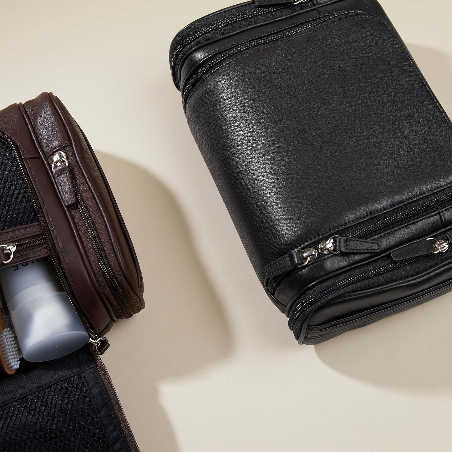 Leatherology Black Onyx Hanging Toiletry Kit – Full Grain Leather Travel Organizer with Hanger and Multiple Storage Compartments