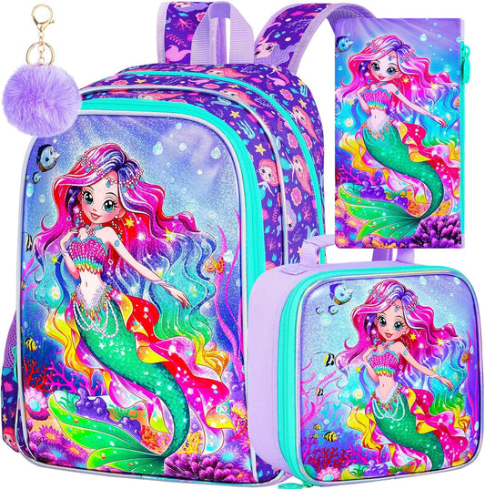 16" Mermaid Backpack, 3Pcs School Bookbag for Girls with Lunch Box, Kids Backpacks for Elementary Preschool Kindergarten(Purple)