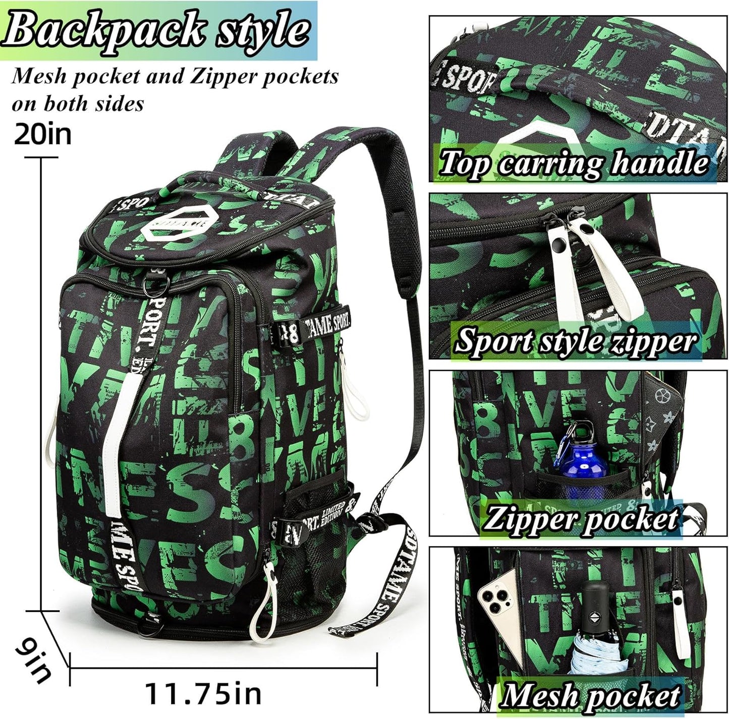 Gym Duffle Bag Backpack with Shoe Compartment,4 ways Travel Backpack for Women and Men,Multi-Functional Weekender bag with Waterproof Layer&Laptop Compartment for Fitness, Travel,Camping