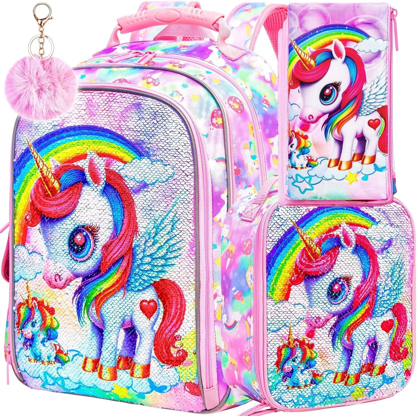 KLFVB 3PCS Cat Uni Dinosaur Backpack for Girls and Boys, 16" Kids Bookbag and Lunch Box, Preschool Backpacks for Elementary