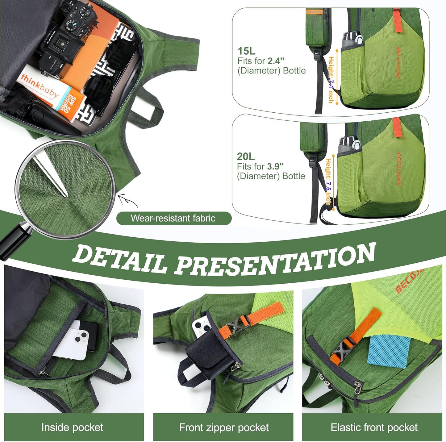 15L Small Hiking Backpack for Men Women Foldable Packable Back Pack Ultralight Hiking Daypack for Travel Camping Outdoor, Olive Green